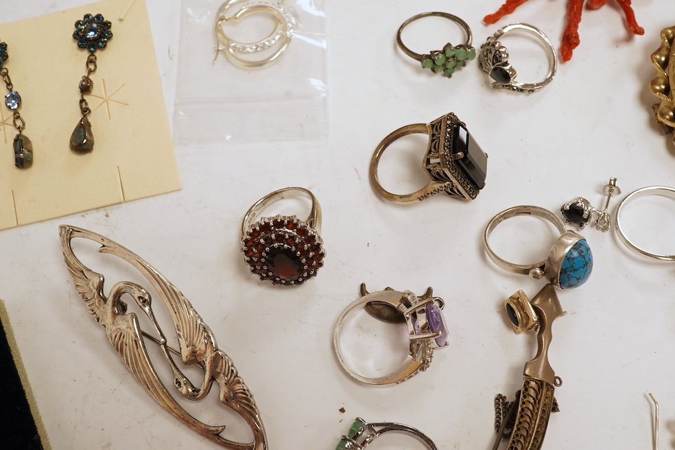 A mixed collection of silver, jewellery and other items including a Norwegian sterling and enamel butterfly brooch, width 61mm, a set of late Victorian shell salts, 925 pendants and rings, brooches, mother of pearl card